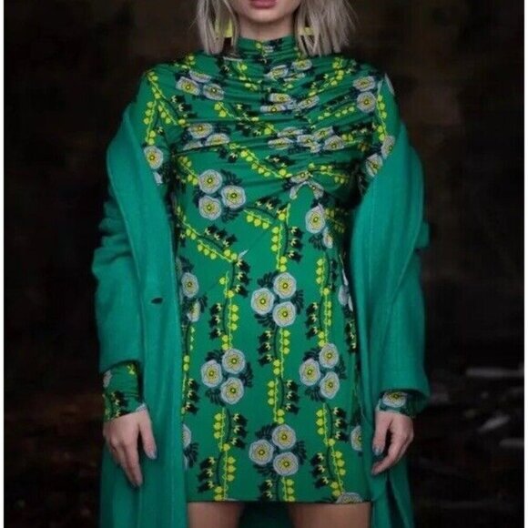 ZARA W/B Drape Ruched Mock Neck Midi Dress Sz S Green Floral 70s Retro Portugal - Picture 1 of 12